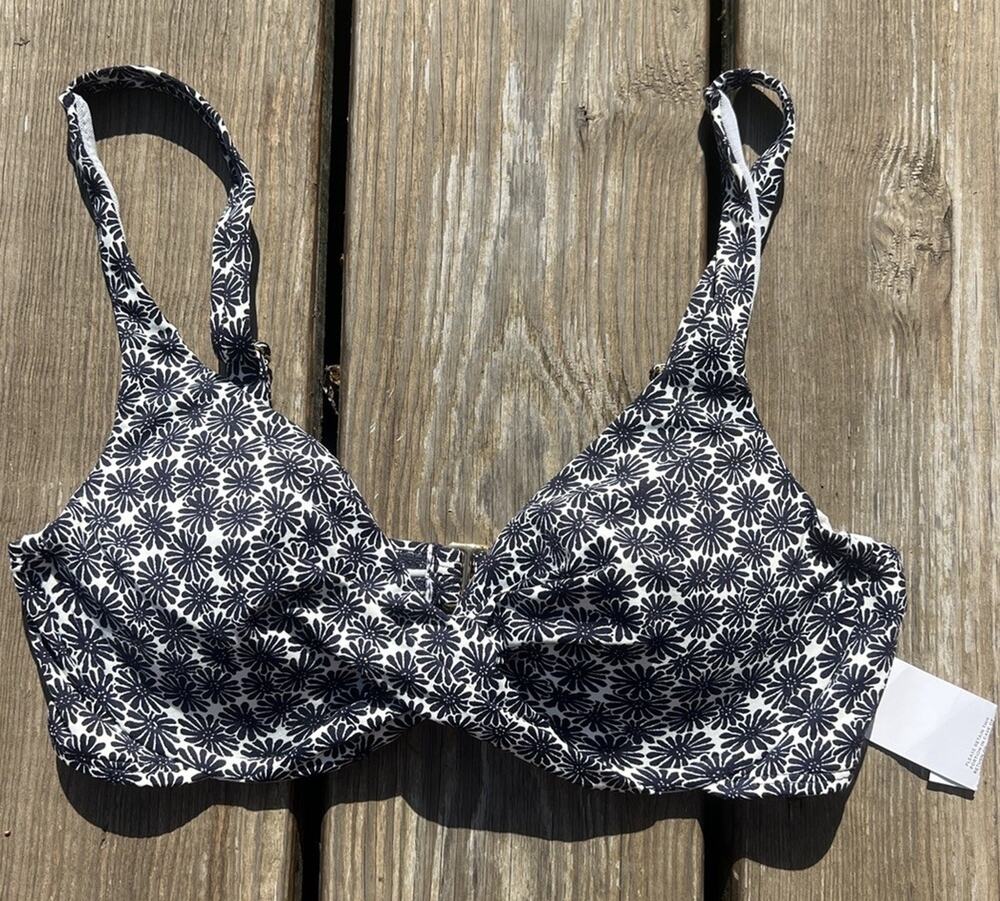 LOFT Beach XS Bikini Top Black & White Floral Pattern Adjustable Straps New Tags